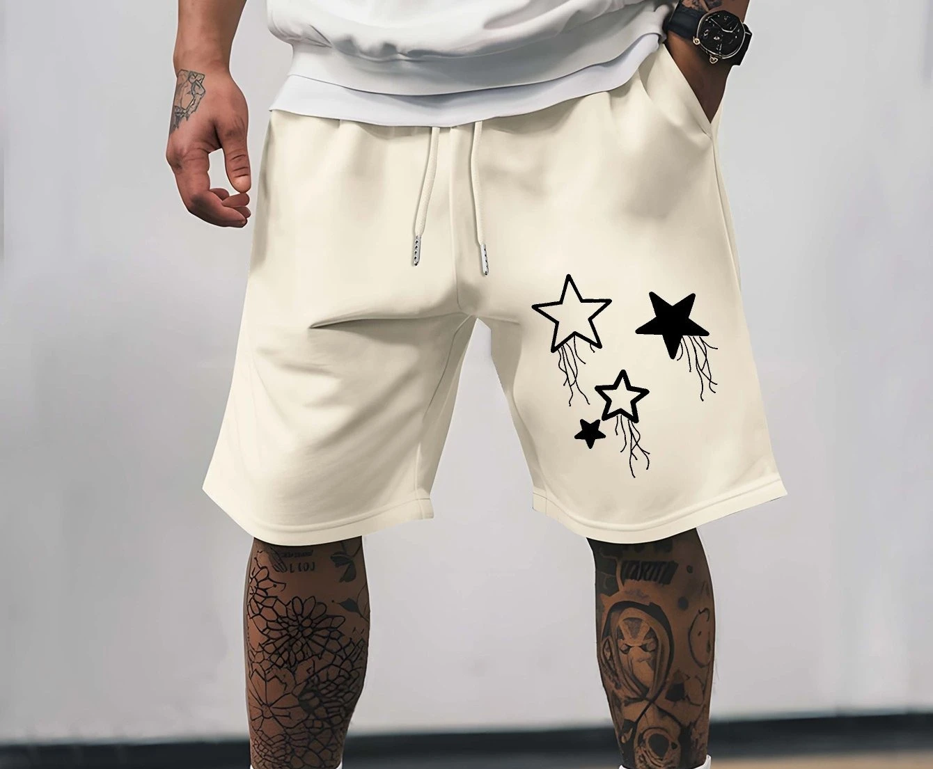 

Мужские черные повседневные летние шорты с дизайном в виде пятиконечной звезды, эластичным поясом и завязками, модные стильные шорты