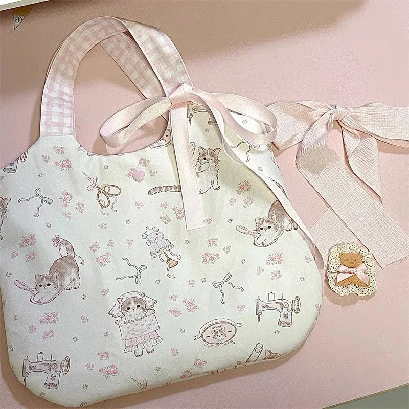 Sweet Cat Floral Print Student Handbag Lovely Girl Tote Bag Large Capacity Big Square Shoulder Bag Handbags