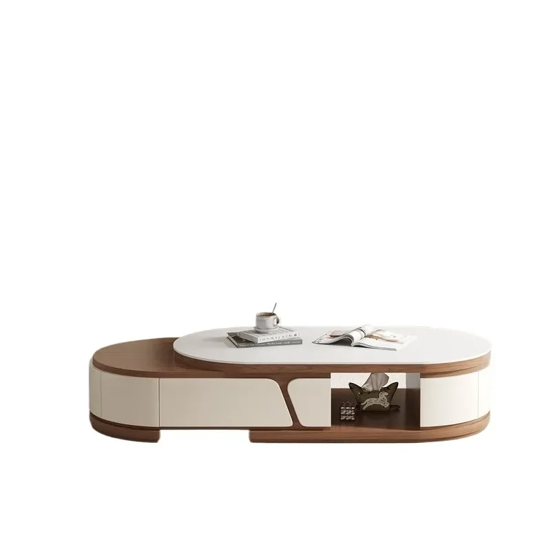 All Solid Wood Cream Style Telescopic Oval Coffee Table and TV Cabinet Combo Living Room Household Rock Slab Surface New