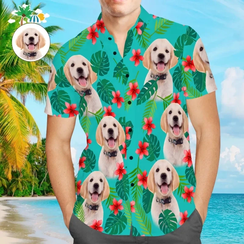 

Custom Dog Face On A Hawaiian Shirt For Pet Lover DIY Personalized Pet Photo Beach Shirts For Men Oversized T Shirt