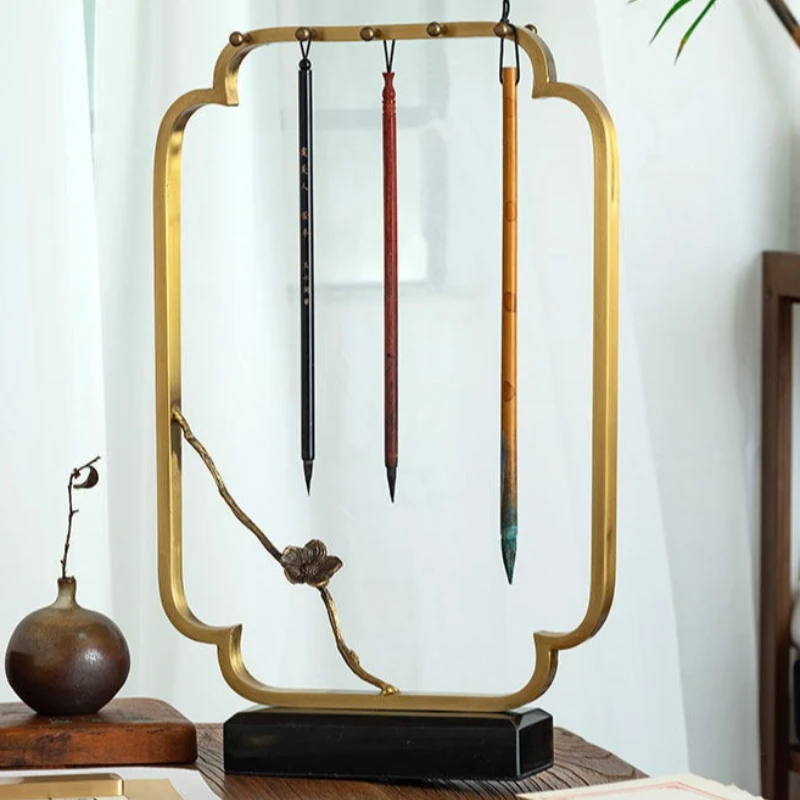 Brass Brush Hanger Marble Base Calligraphy Pen Rack Study Room Desk Decor Scholarly Display Practical Home Ornament