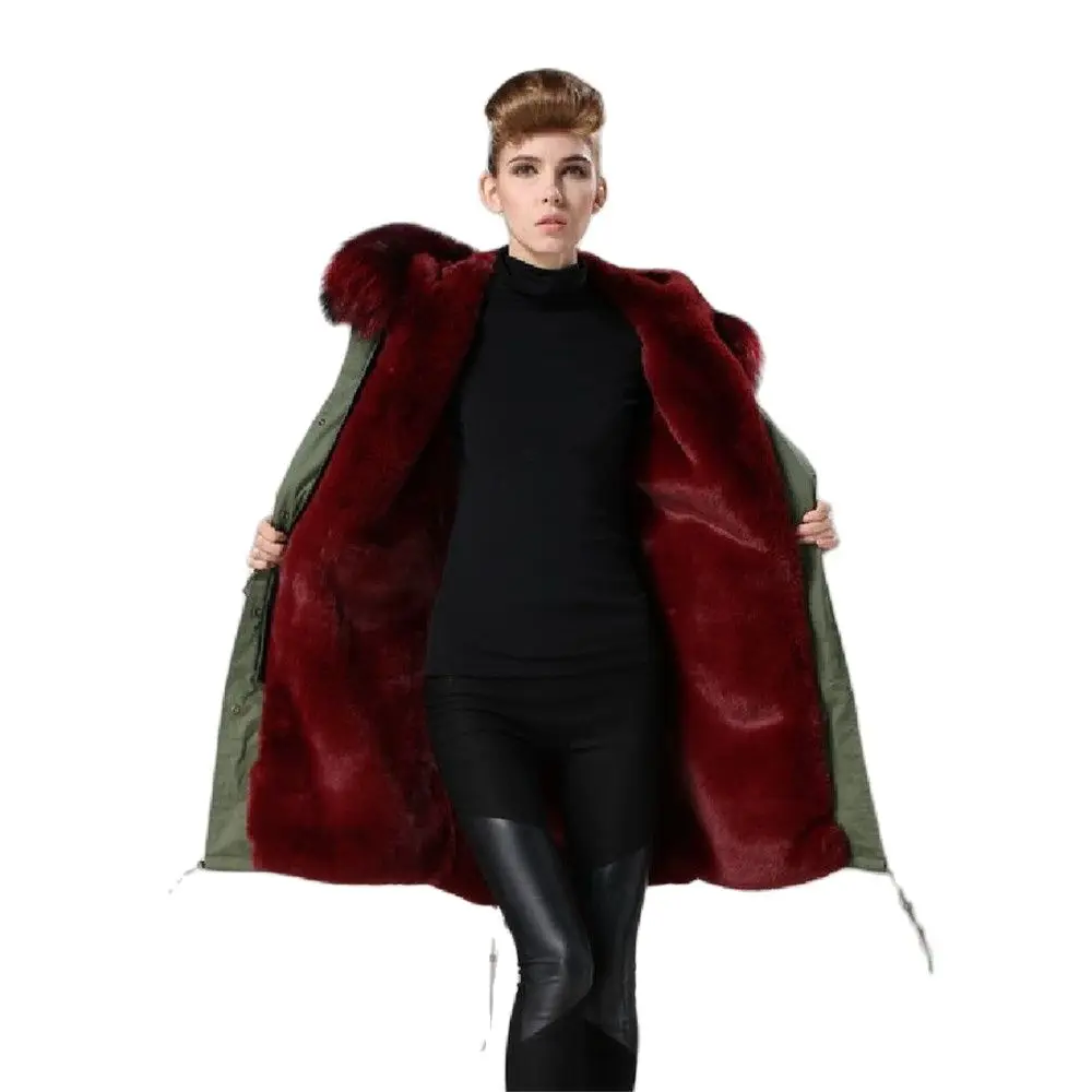 

Trendy Burgundy Faux Fur Lined Parka Raccoon Fur Collar Women Overcoat Ladies Warm Fur Coat