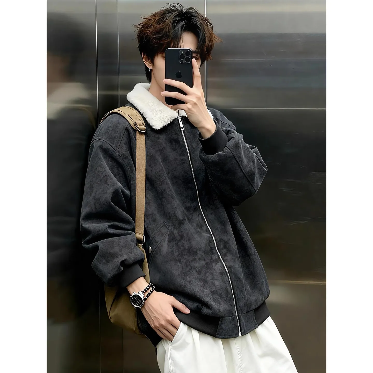 

Bla Lamb Velvet Collar Thiened Warm Cotton Jaet Men's Winter ort PU Leather Cotton Coat Youth Casual Faion Outerwear