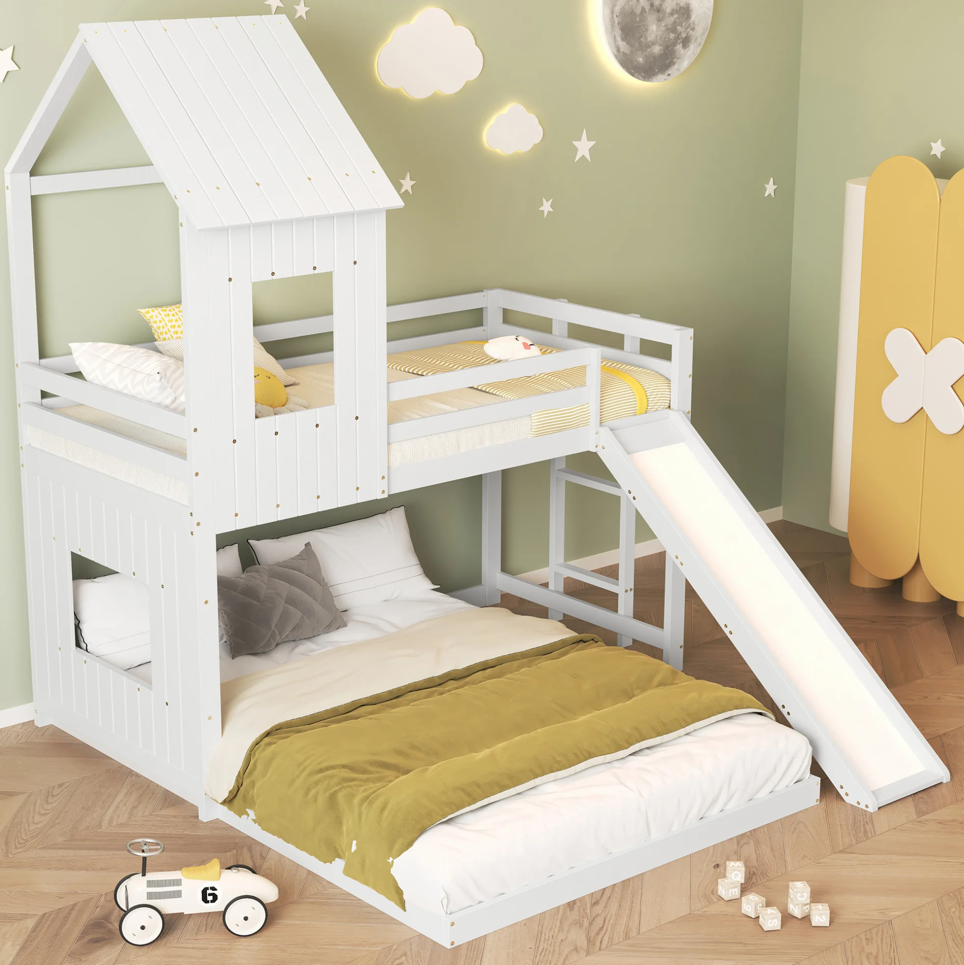 Wit grenen en MDF stapelbed met glijbaan en speelhuisontwerp, bovenbed 90x200cm en onderbed 140x200cm