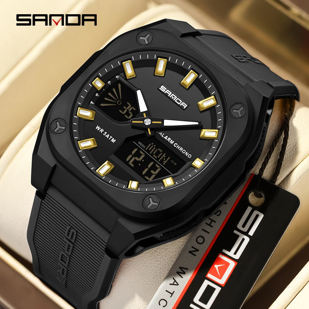 

SANDA 6268 спортивные электронные часы мужские многофункциональные уличные студенческие наручные часы будильник водонепроницаемые светящиеся цифровые часы