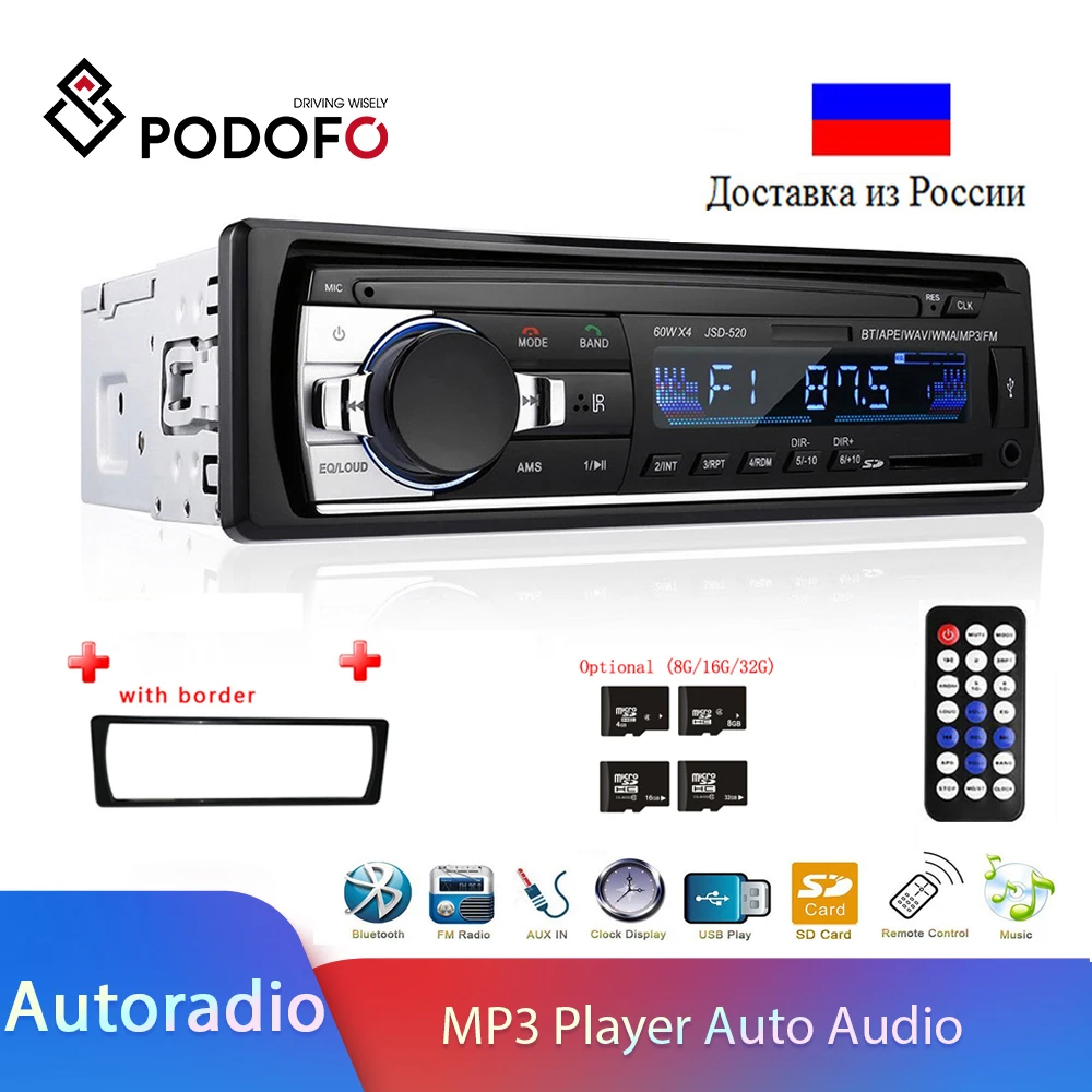 Podofo JSD-520 1 Din Car Radio Tape Recorder 5301 Bluetooth MP3 Player FM Audio Stereo Receiver Music USB/SD In Dash AUX Input