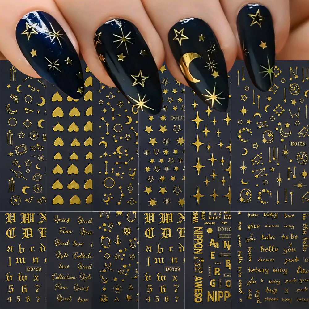 Autocollants holographiques 3D pour ongles, 12 pièces, stickers, étoile, lune, amour, cœur, or, argent, métal, design, décalcomanie, DIY