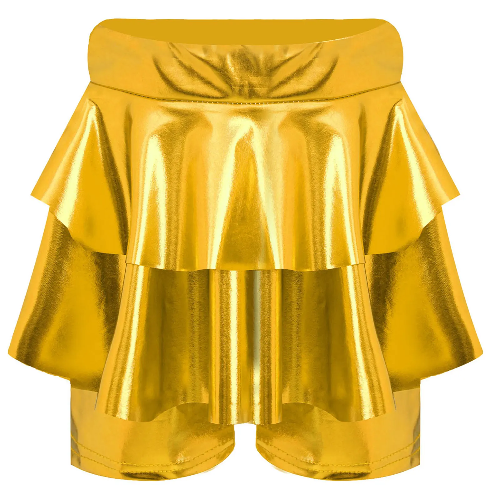 

Kids Girls Metallic Jazz Dance Skirted Shorts High Waist Elastic Waistband Tiered Culotte for Cheerleading Ballet Performance