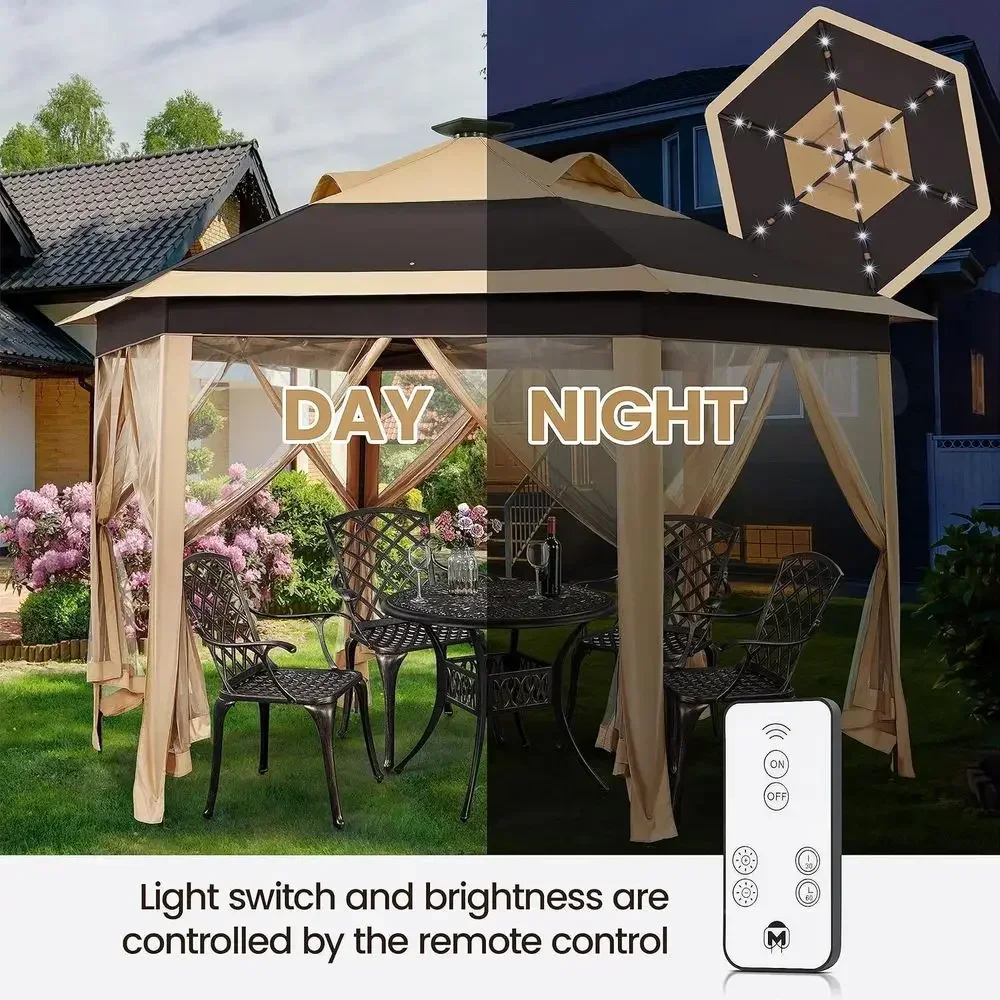 13x13 Hexagonal Gazebo Tent with Mesh Sides and 25 LED Lights, Adjustable Height, Ideal for Backyard and Garden Use, Khaki & Bro