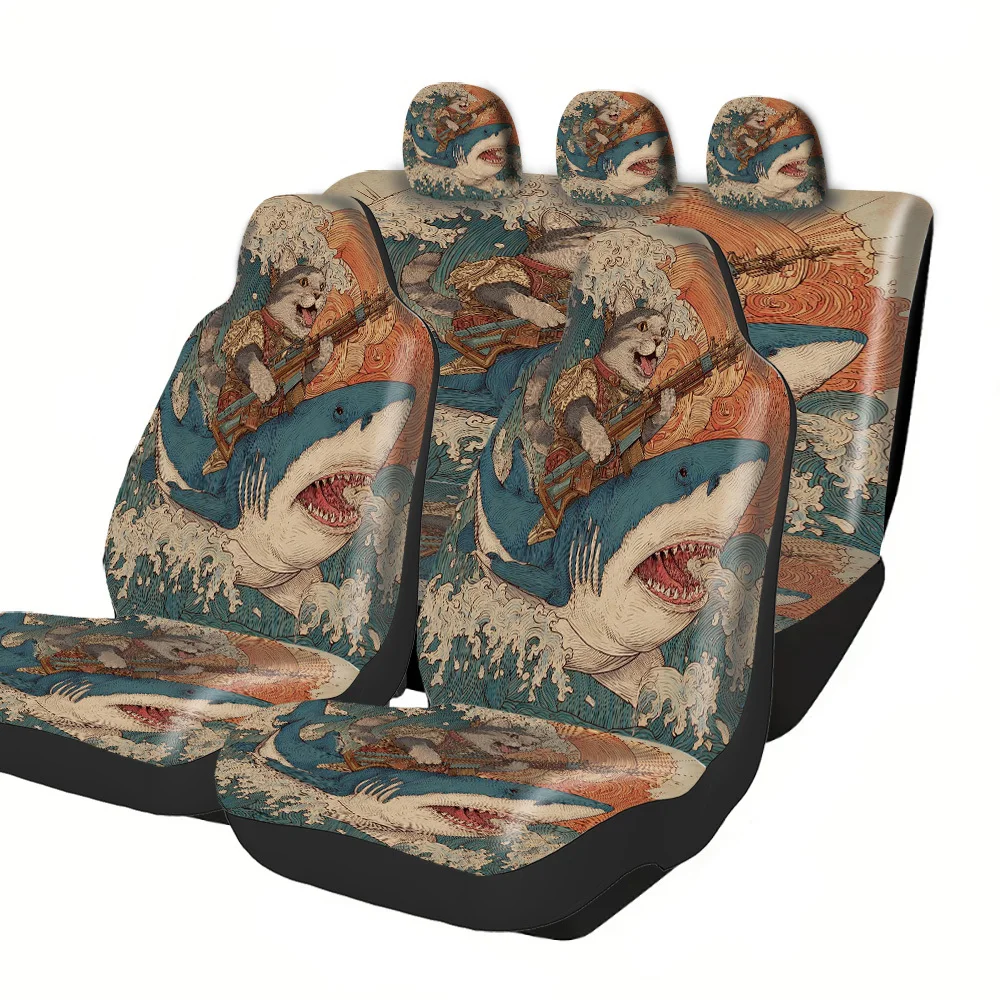 

Trendy Shark & Cat Design Car Seat Covers - Durable Polyester, Easy Install, Universal Fit For Sedans & SUVs, Fashionable Front