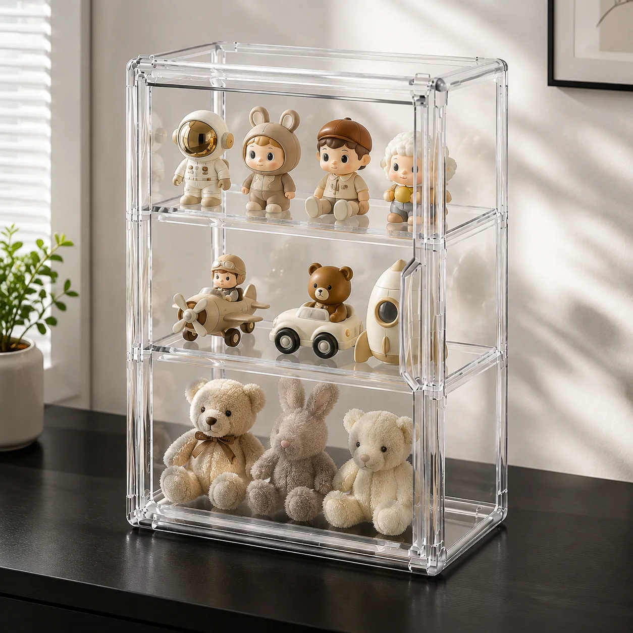 3‑Tier Transparent Acrylic Display Case Dust‑Proof Collectibles Showcase with Hinged Door Desktop Organizer Cabinet for Action Figures Pop Figures Toys Makeup Perfume Home Decoration