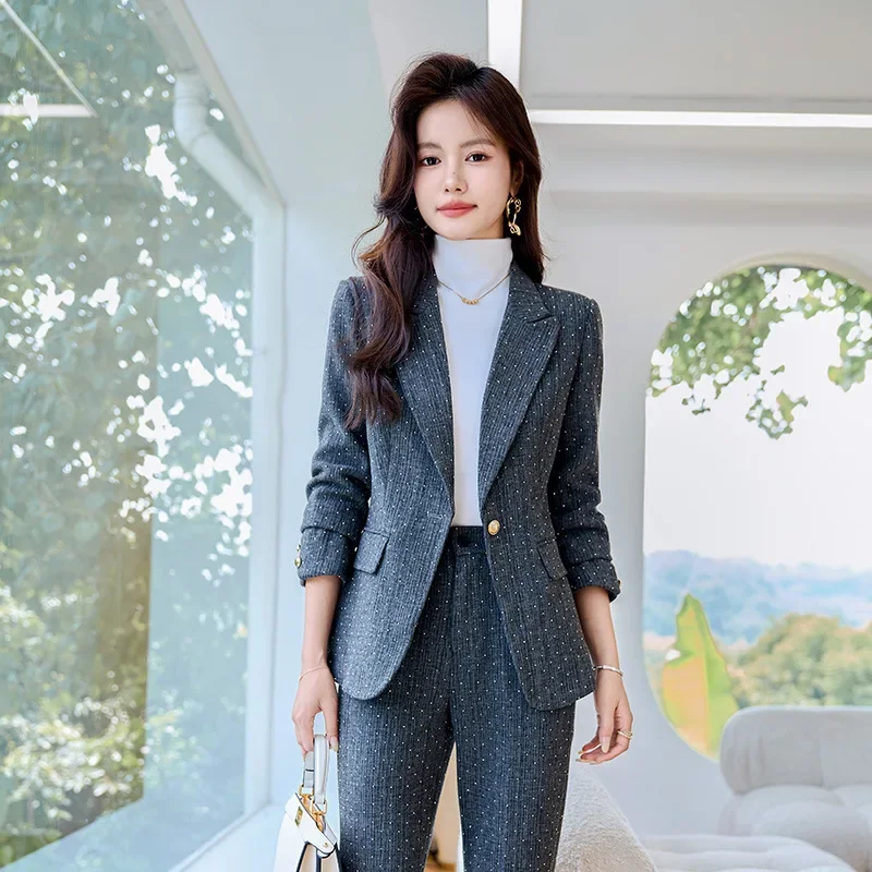 البوب موضة النساء الدعاوى 2024 جديد الخريف الشتاء مزاجه الأعمال الرسمية سليم السترة والسراويل مضيئة مكتب السيدات ملابس العمل