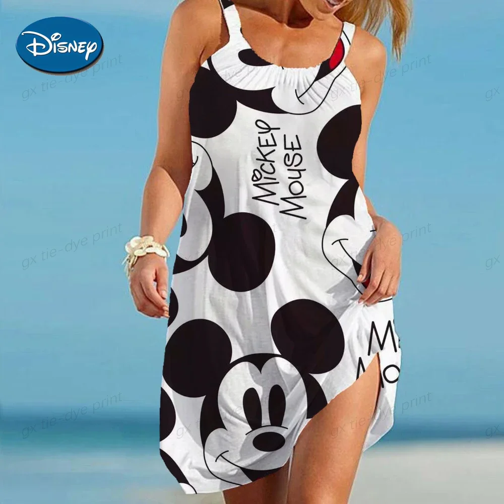 Elegant Dresses for Women Sexy 2023 Minnie Mouse Women\'s Dress Sling Summer Woman Beach Boho Disney Loose Print Mickey Fashion