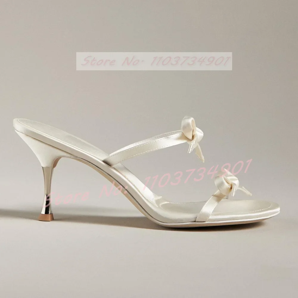 Bowknot Pink Satin Heeled Mules Women Stylish Casual Party Outdoor Round Toe Stiletto Slippers Female Concise Elegant Chic Shoes