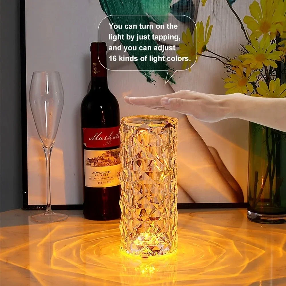 Lámpara LED de mesa de cristal, proyector de luz rosa de 3/16 colores, táctil, ajustable, luz de ambiente de diamante romántico, luz nocturna táctil USB