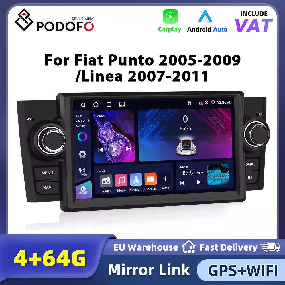 Podofo 4+64G Carplay Android Auto-Multimedia-Player für FIAT Punto 2005-2009 Linea 2007-2011 Android Auto Autoradio GPS BT FM/RDS Autoradio Stereoanlage