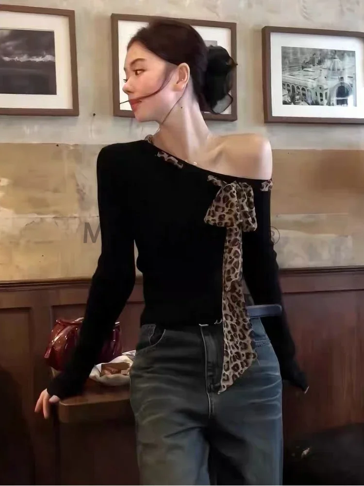 Aesthetic Vintage Slim Long Sleeve Tops Women Y2k Sexy Off Shoulder Solid  Leopard Print Top Gothic Chic Thin Thin T Shirt New