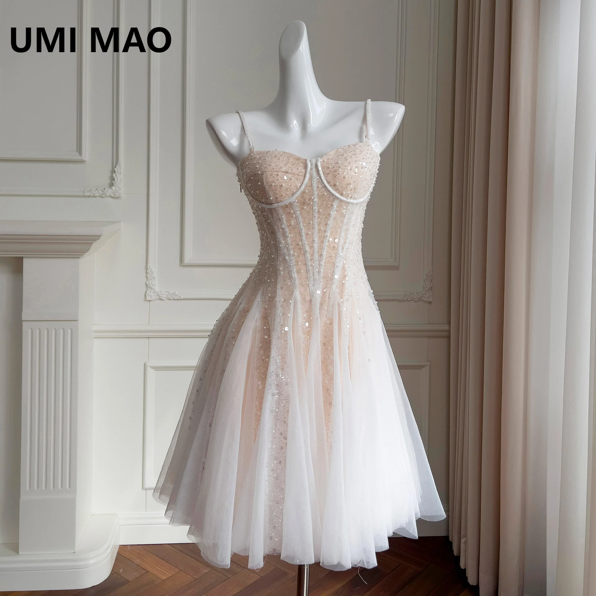 UMI MAO Fashion Style Strap Style Elegant Mesh Embroidered Sequin Dress Women's Party Birthday Wear Small Dress