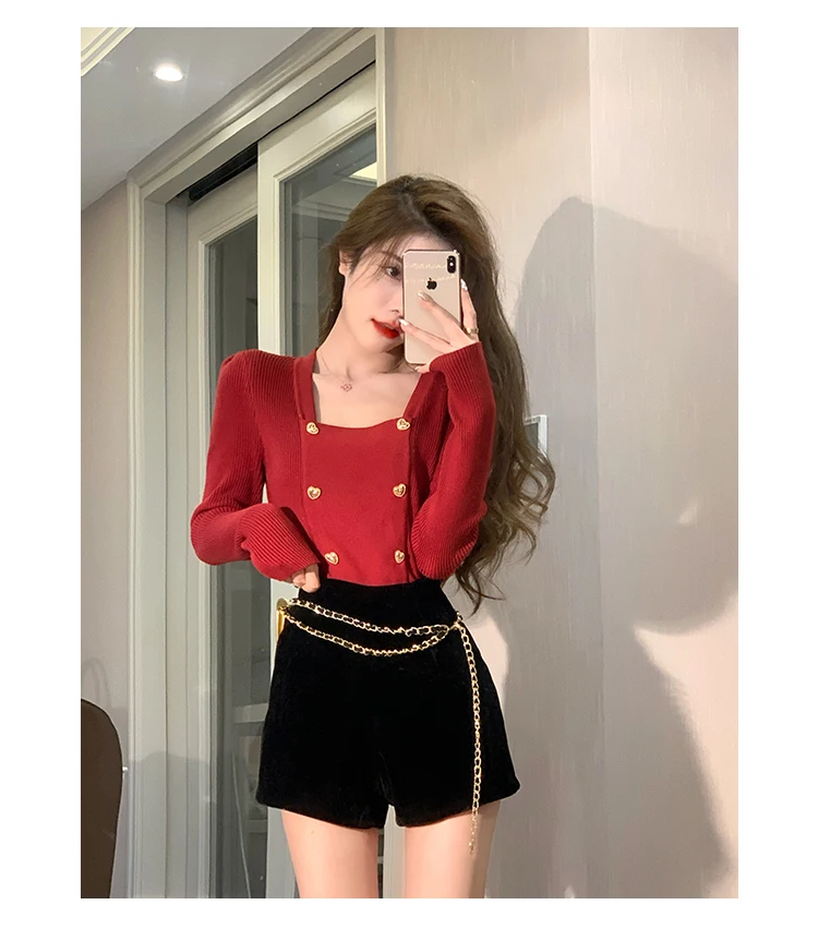 2022 Autumn Winter Square Neck Long Sleeve Sweater Women Sexy Short Red White Elegant Knitwear Double Button Fashion Casual Tops