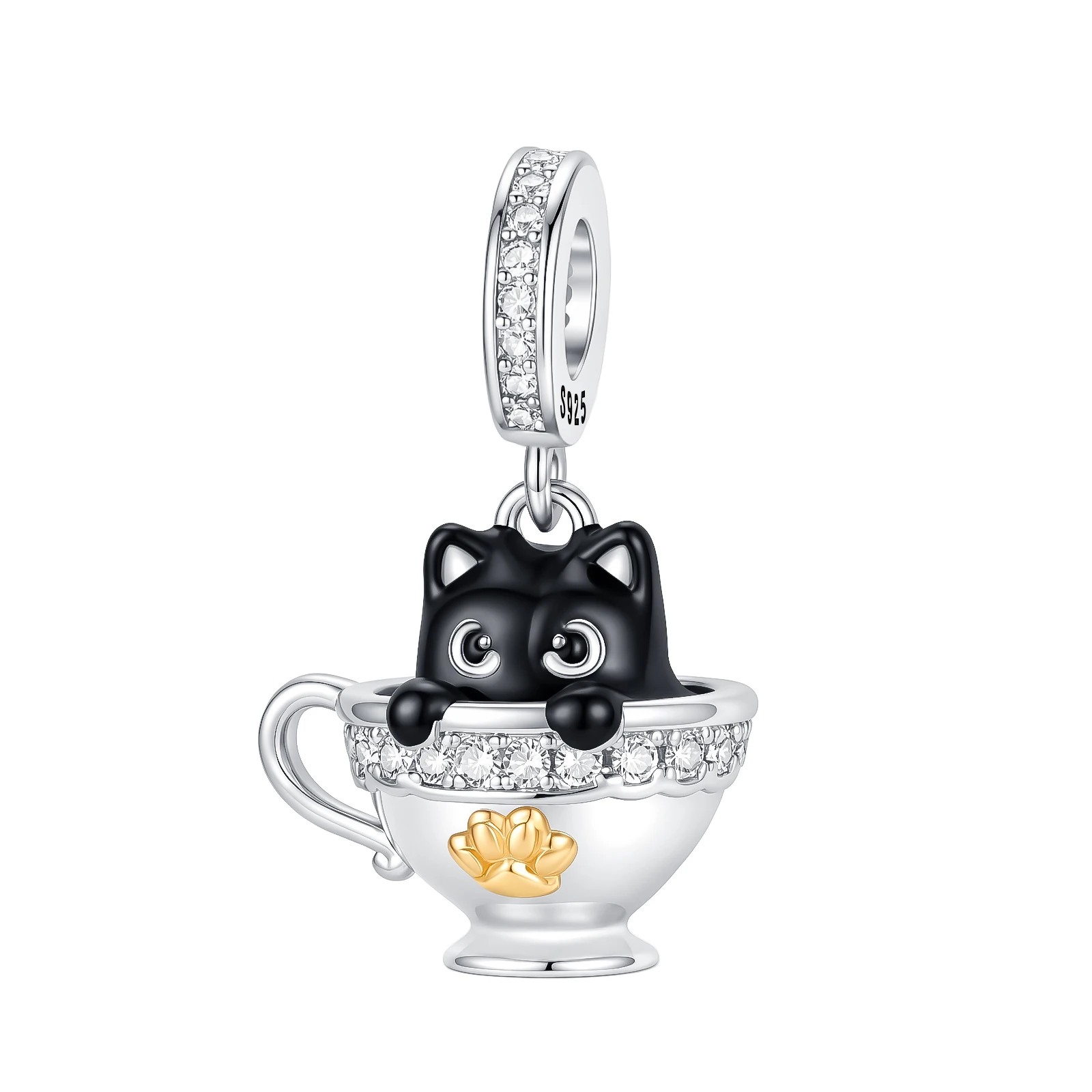 925 Sterling Silver Charm Lucky Black Cat Cat in Teacup Cup Pendant for Women Fit Original Bracelet Necklace DIY Accessories