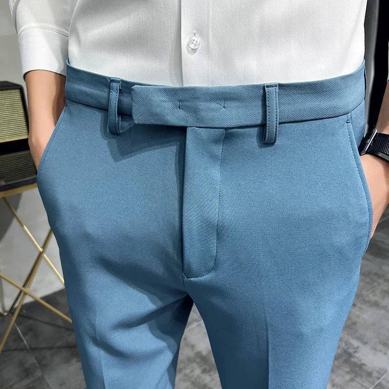 2024 Mens Dress Pants Summer Fashion Dark Green Mens Suit Pants Pure Color Business Slim Fit Dress Office Tight Cropped Trousers