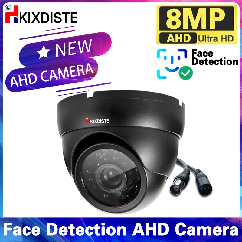 Black 4K AHD Camera 8MP 5MP Indoor Home Security Camera With Face Detection Dome IR Led Night Vision Day&Night Surveillance BNC