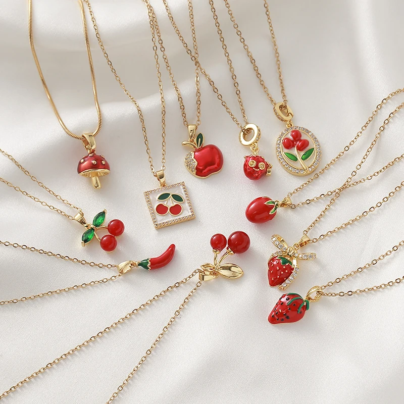 

Lovely Fruit Sweet Red Enamel Cherry Necklace Stainless Steel Strawberry Apple Mushroom Pendant Chain Waterproof Charm Jewelry