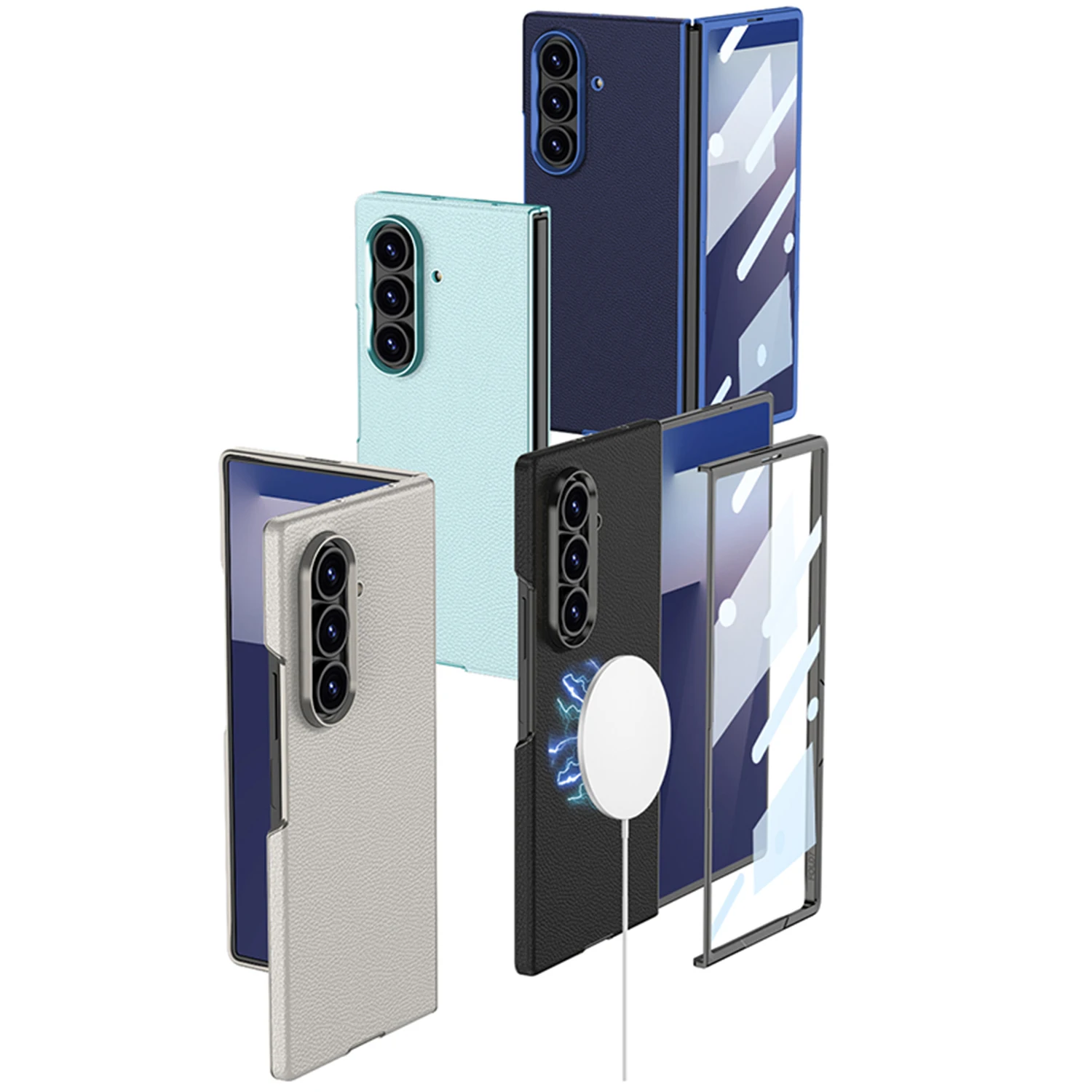 

Чехол для Samsung Z Fold 7, однотонный кожаный чехол Magsafe с передними чехлами из закаленного стекла, задняя полная крышка для мобильного телефона