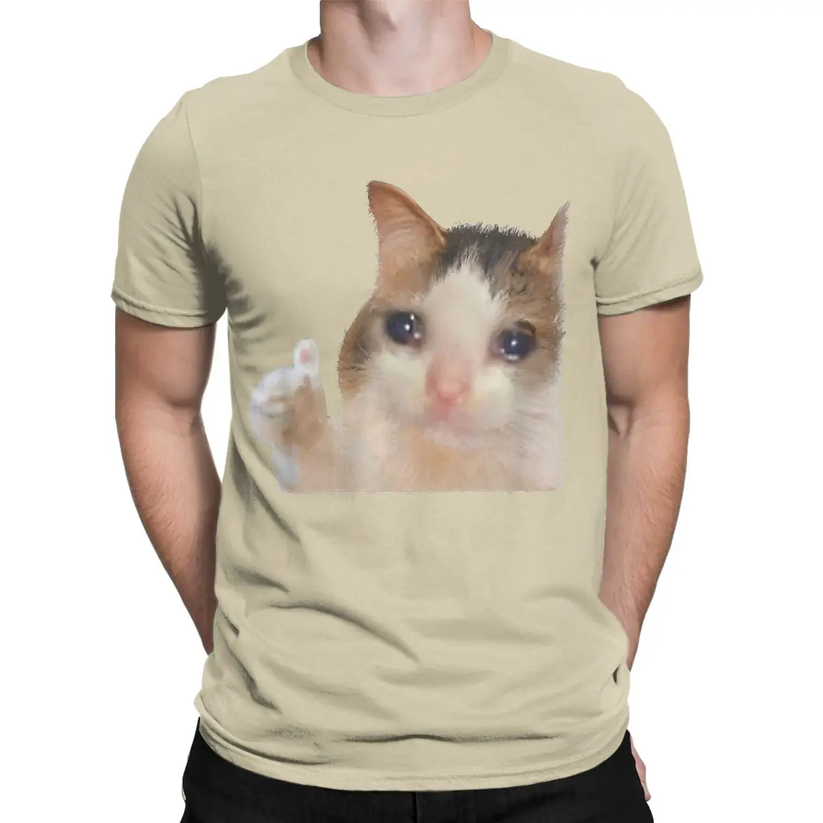 Crying Cat Thumbs Up Crying Cat Meme T-Shirts for Men Funny 100% Cotton Tees Crew Neck Short Sleeve T Shirt Adult Clothing