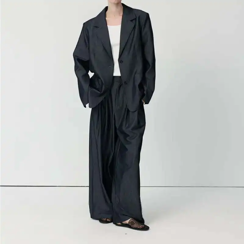 

KWTX 2025 Spring Summer Women’s 2 Piece Pantsuit Set Wide Leg Trouser & Blazer with Pockets Notched Lapel Luxury Designer Outfit