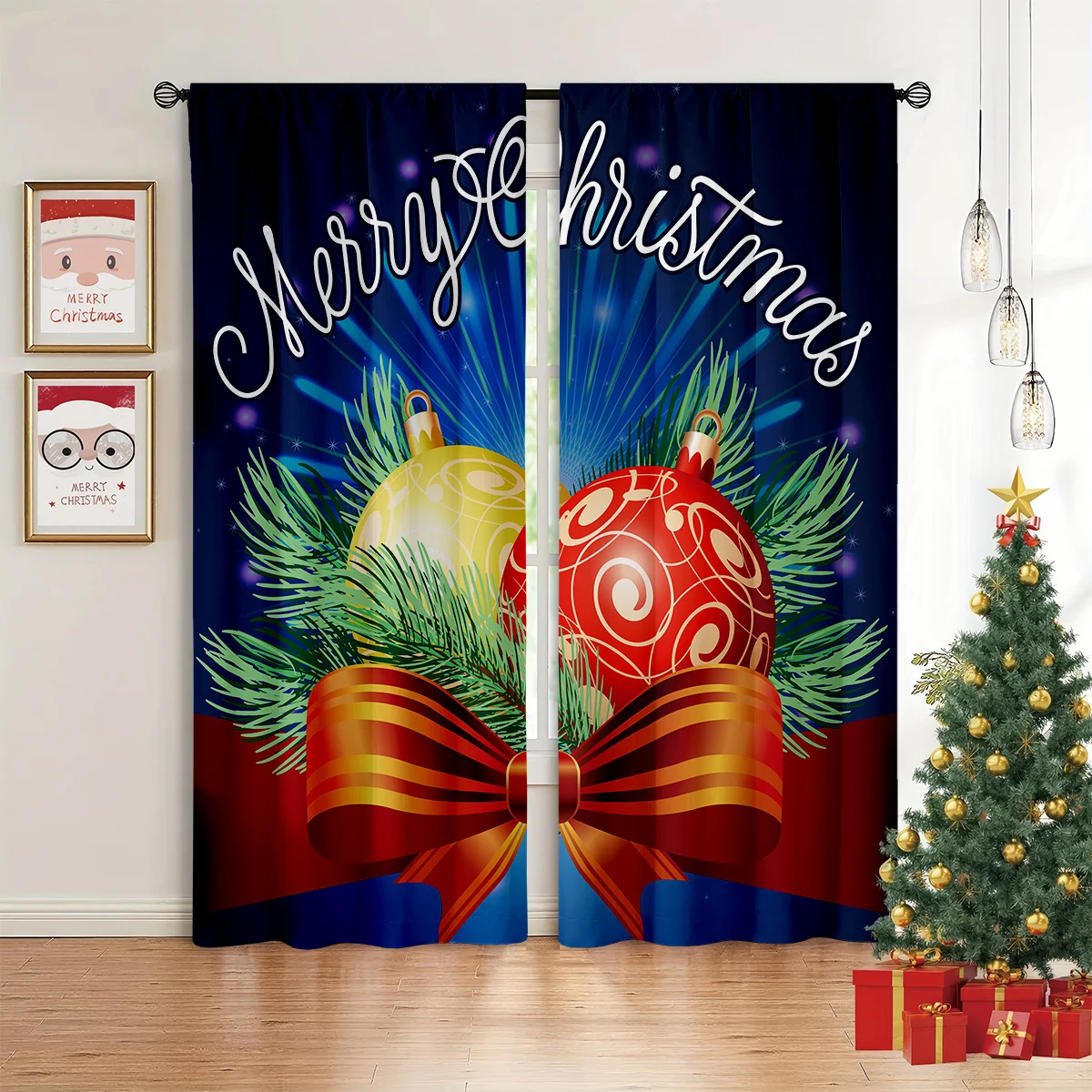 2pcs Christmas Window Curtains Featuring A Print Of Festive Ornaments And Bows; Holiday Decorative Curtains; New Year's Gift.