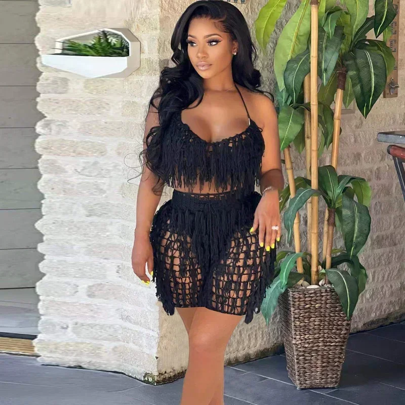 

GUWU Tassel Hollow Out Beach Cover Two Piece Set Women Sexy See Through Hand Crochet Knitted Suit Lace Up Bra Top Shorts Outfits