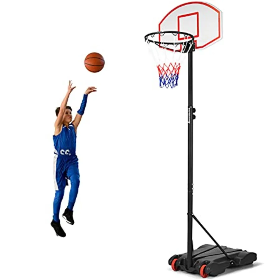 Basketball Hoop for Indoor/Outdoor Use, Polyethylene Backboard, Black/Red, Adjustable 7.1-8.1FT Height with 2 Wheels Nets