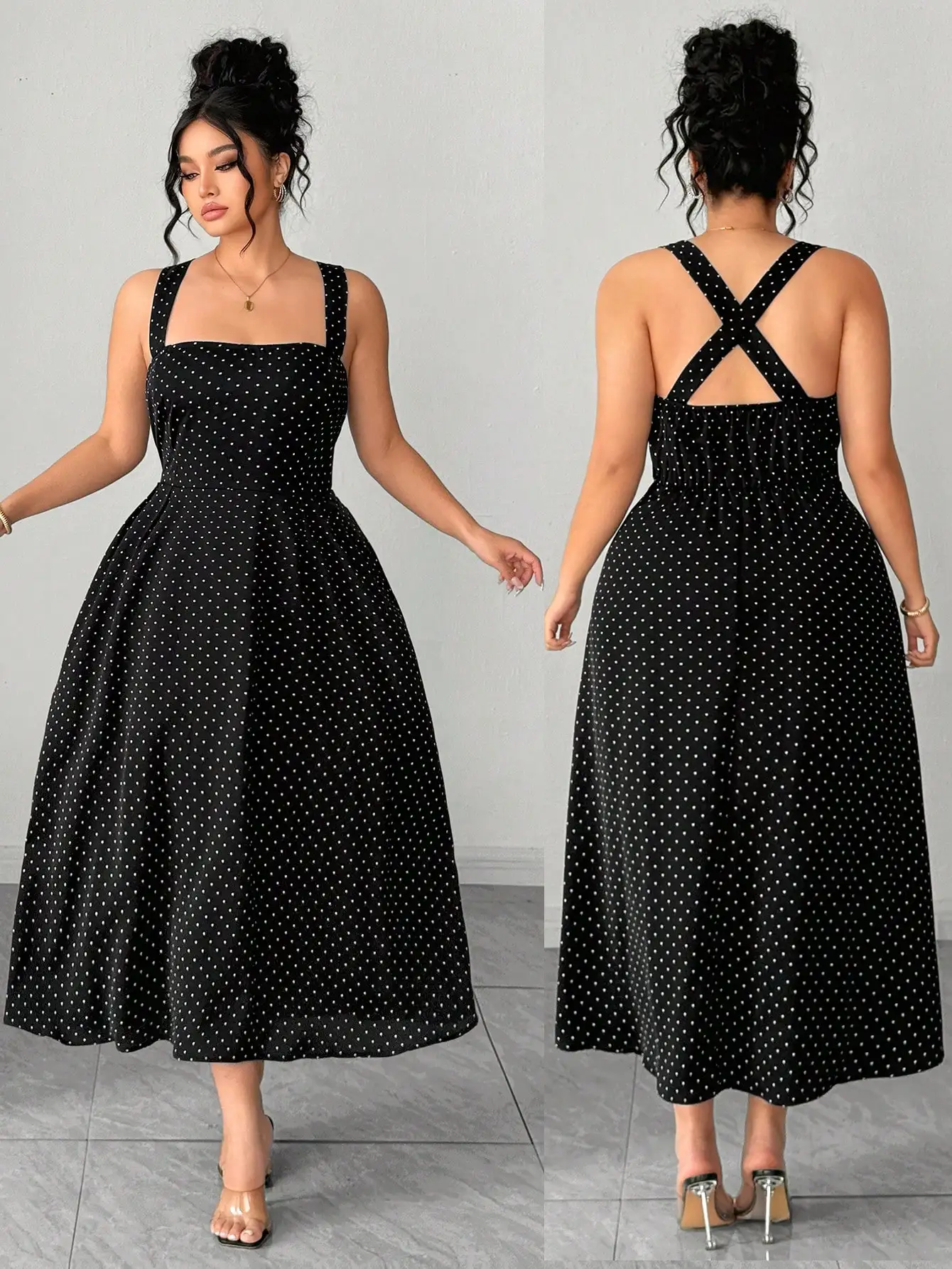 

Plus Size Women Casual Black Polka Dot Criss-Cross Strap Tie Waist Midi Dress