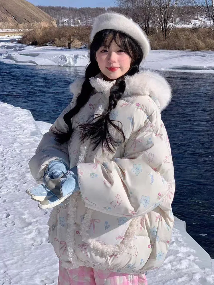 اليابان الكرتون Kawaii مقنعين سترات المرأة فضفاضة الحلو نمط Preppy شيك منتفخ معطف شتاء دافئ الإناث طويلة الأكمام سترة لطيف جديد #5