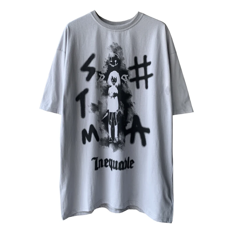 Anime Diablo Devil Girl Print Short Sleeve T-shirt Men's Women Couples Oversize High Street Gothic Punk Top Tshirts