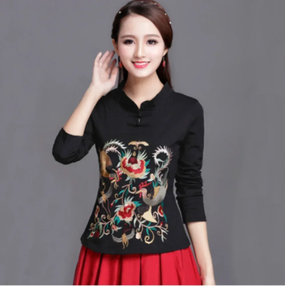 Ethnic Style Streetwear Fashion Casual Women Clothing Shirts for Women Vintage Clothes Tshirt Y2k Top Women Clothes Embroidery