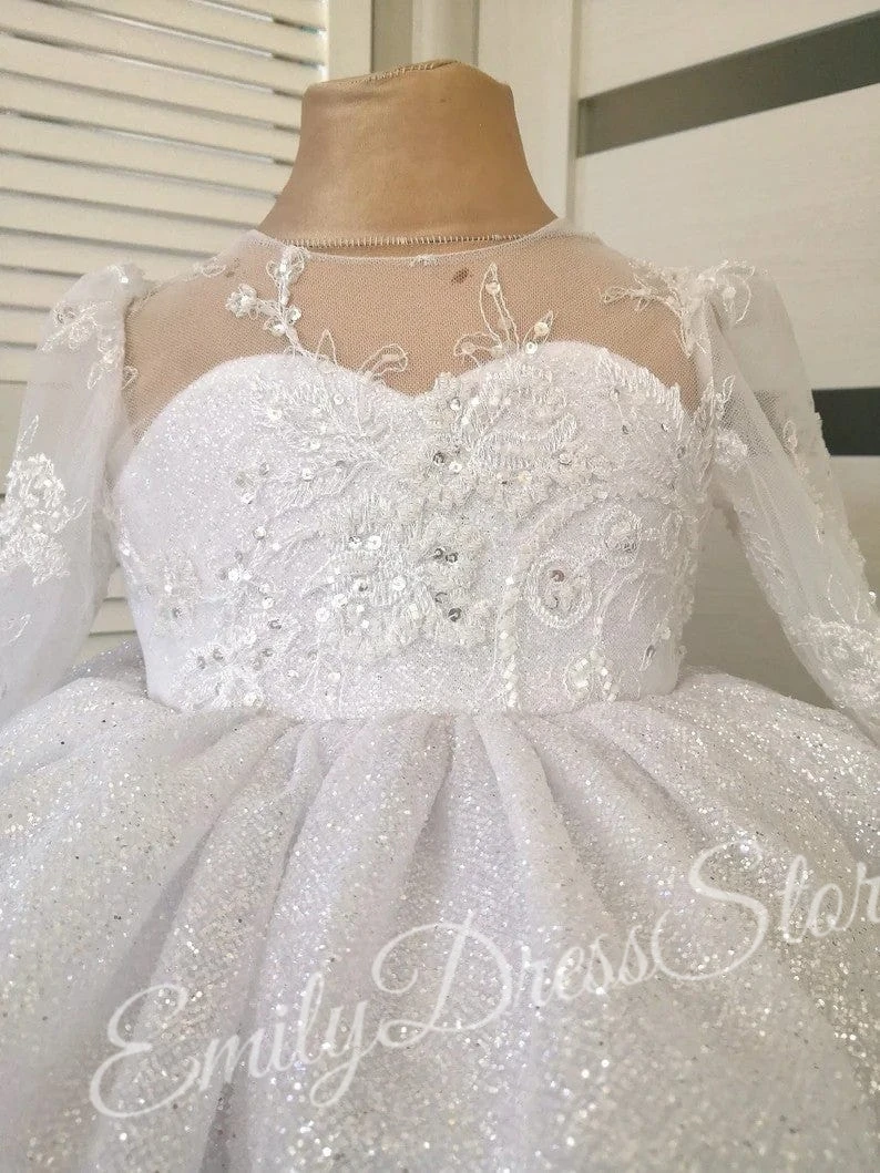 Robe à fleurs Champagne personnalisée pour filles, pour mariage, couches de paillettes brillantes en Tulle avec nœud, robe de fête d'anniversaire pour enfants