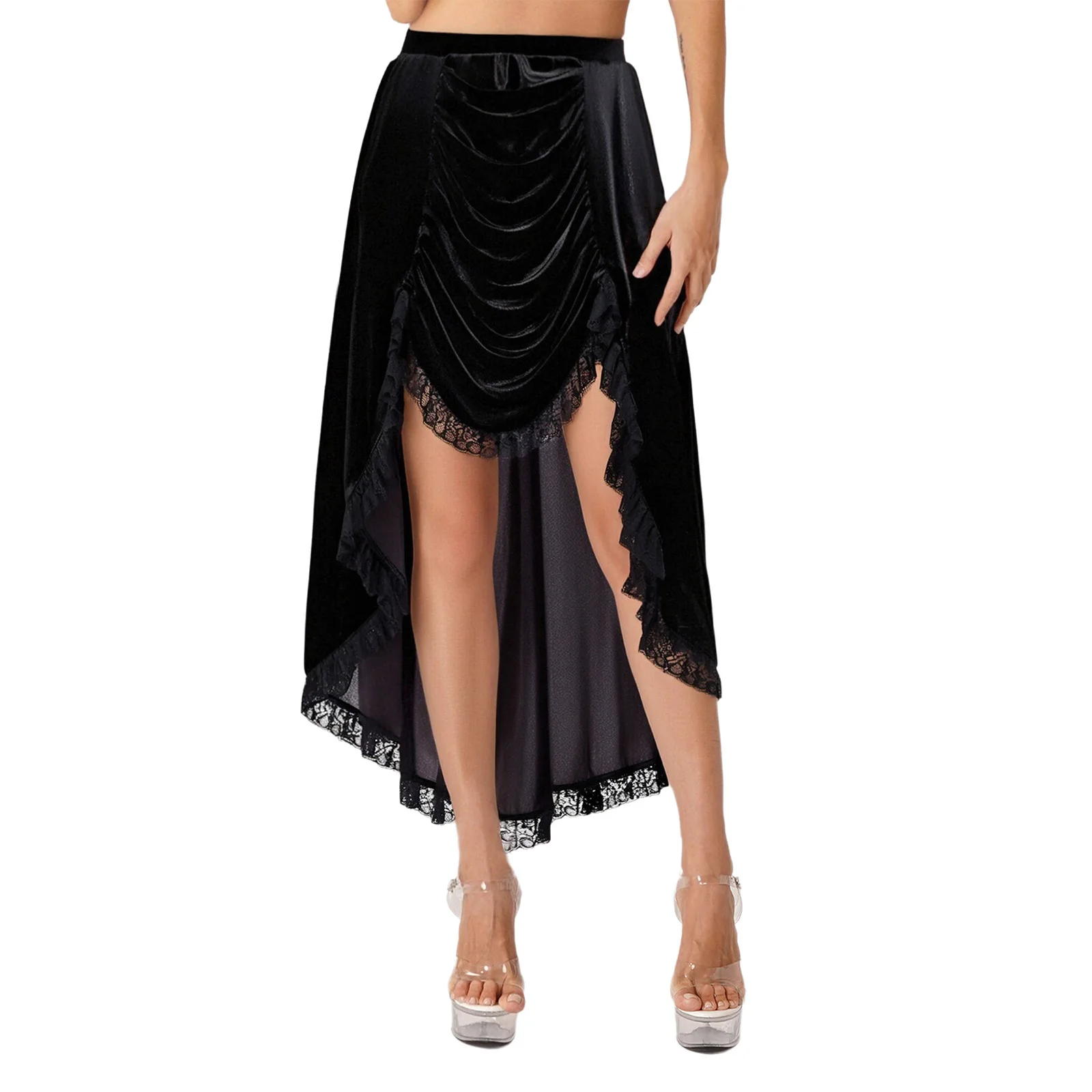 

Adults Women Steampunk Victorian Gothic Style Skirts Ruched Design Lace Trim Ruffled High Low Skirt for Halloween Fashion Show