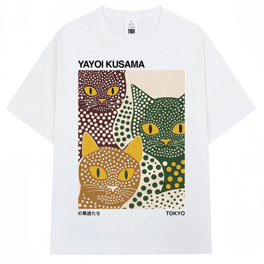 Japanese Style Yayoi Kusama Artist Polka Dot Cat T Shirt Men Women Unique Art T-shirt Oversized Cotton T-shirt Y2k Streetwear