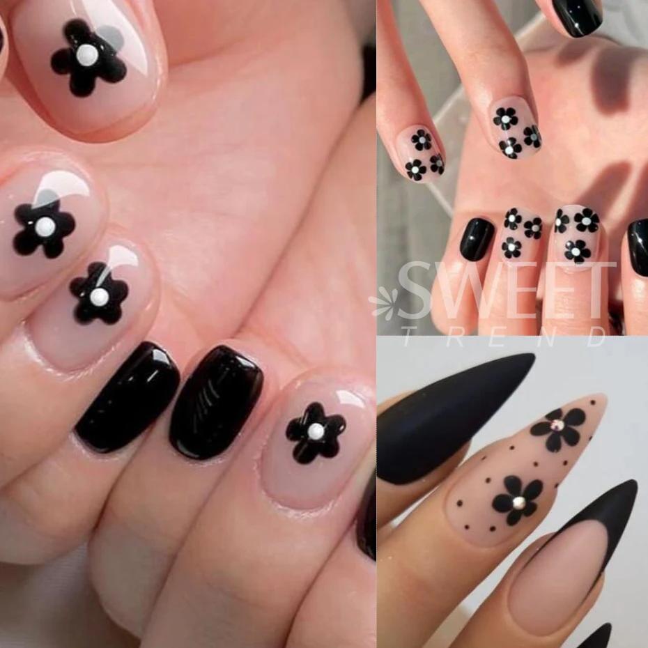 3D Black French Flower Nail Stickers Simple Gold Silver Petal Nail Decals Sliders For Autumn Nail Supplies Manicure Decoration