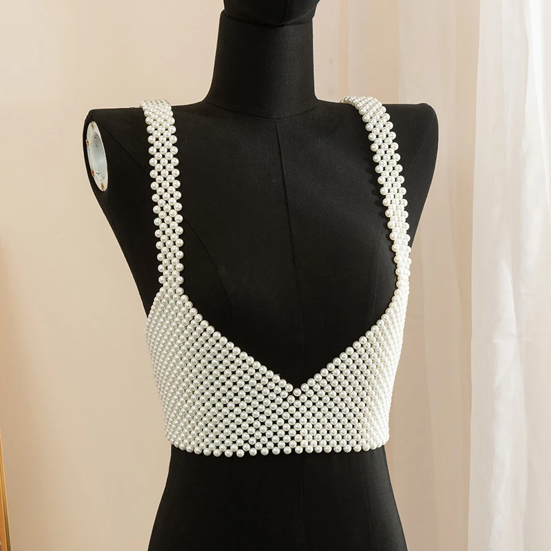 

Hazem Store TOP Pearl Body Chain Exaggerated Halter Baroque Temperament Beaded Tank Top Beach Bikini Party Accessories