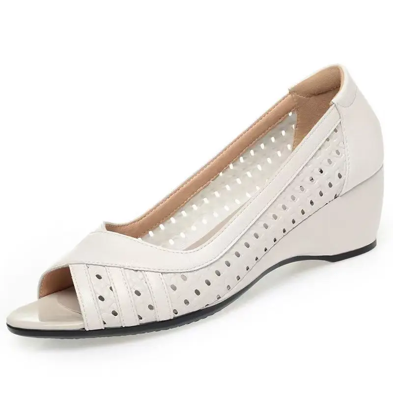 

Women's Summer Leather Wedges Peep Toe Sandals High Quality Soft Sole Non Slip Shallow Slip On Hollow Out High Heel Sandals