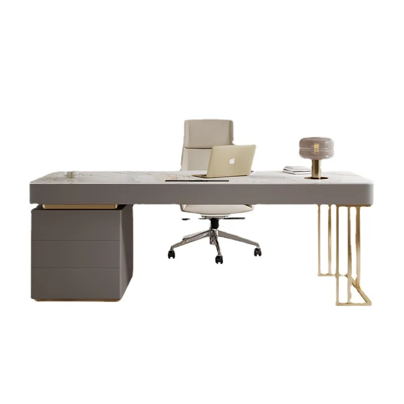 ！@Italian Luxury Rock Slab Desk Durable and Simple Writing Desk with Bookshelf for Home Office Computer Desk Chair
