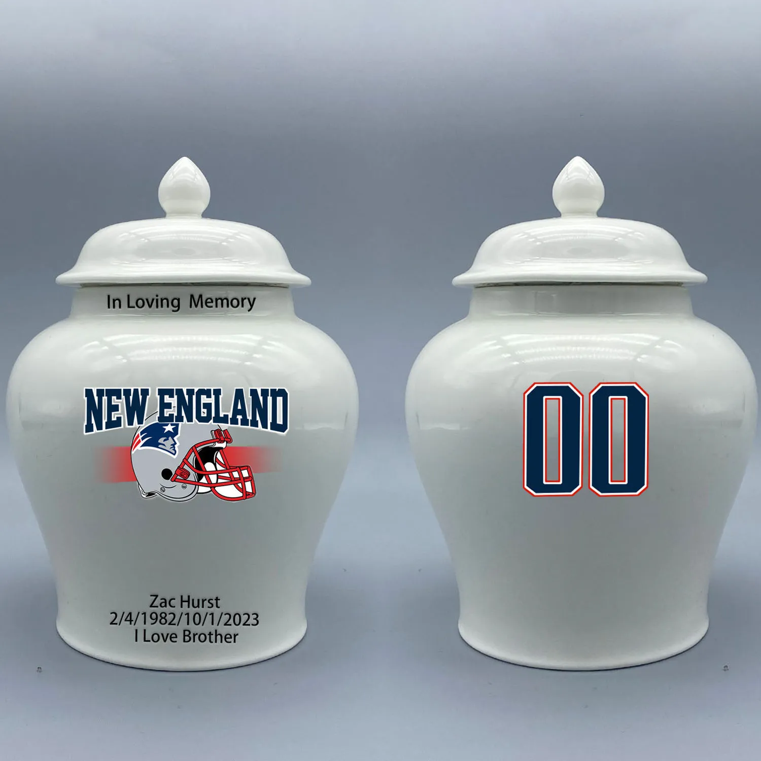 

Medium Urn for New England Patriots-themed Logo Urn.Please send me the customize information-name/date and number on the urn