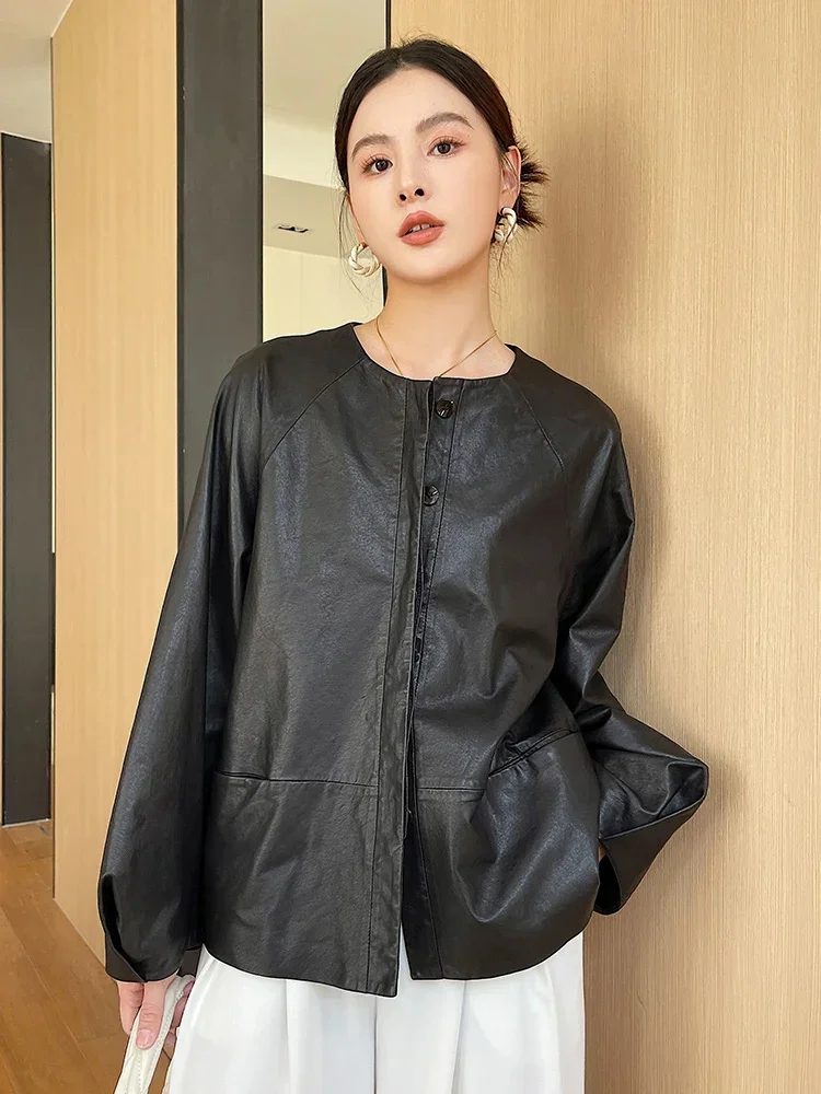 

O-neck Simple Real Sheepskin Coat for Women Spring Autumn 2024 Trend Vintage Lantern Sleeve Loose Genuine Leather Jacket