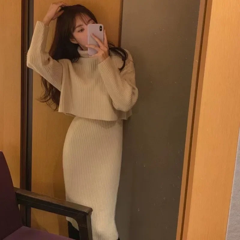 Knitted Skirt Suit Two Piece Set New Autumn and Winter Women Turtleneck Sweater Coat and Midi Skirt Suits Office Lady Knitting