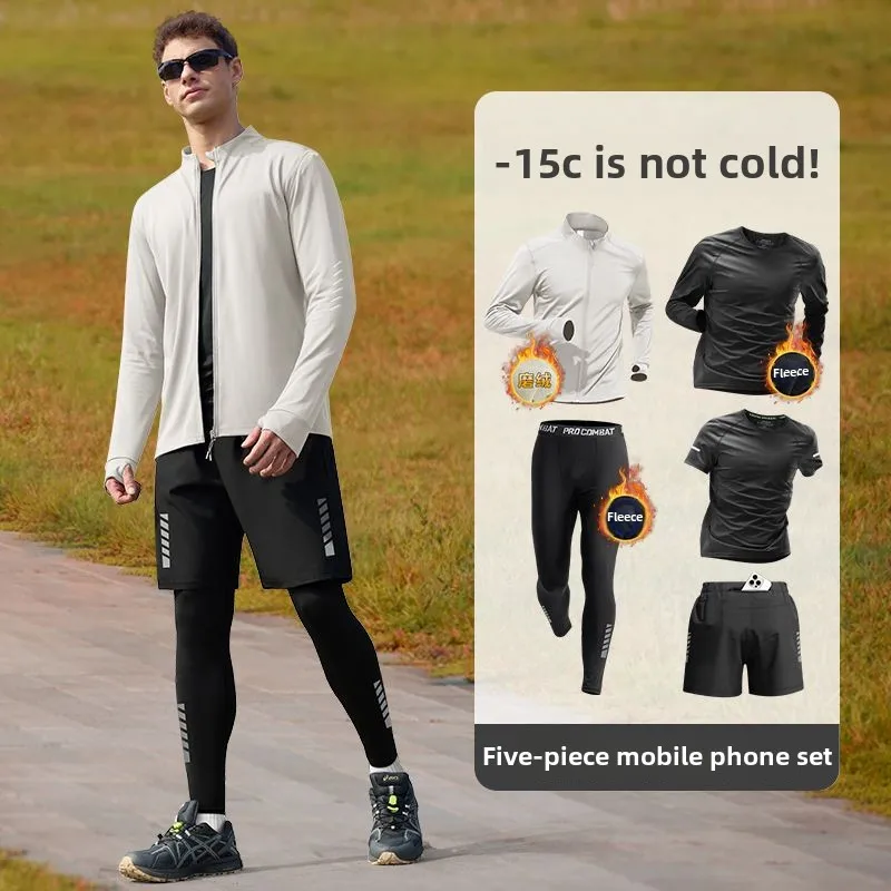 Men's Winter Sports Suit Warm Running Training Clothing Plush with Phone Pocket Running Clothes Quick Drying Mens Sweatsuits Set