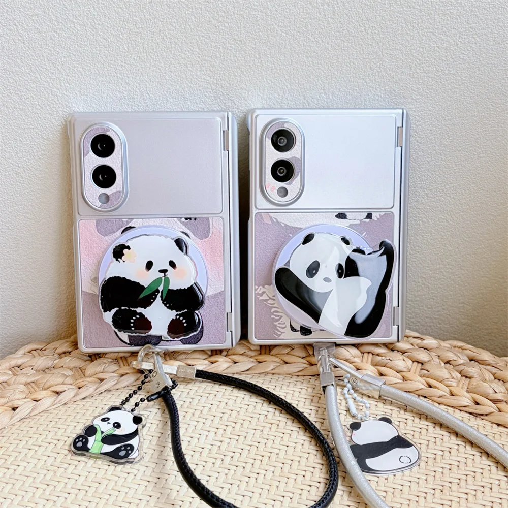Fashion Korea Cute Panda Magnetic stand Phone Case For Samsung Galaxy Z Fold 8 Ultra Cover With Wrist Strap For Magsafe Funda
