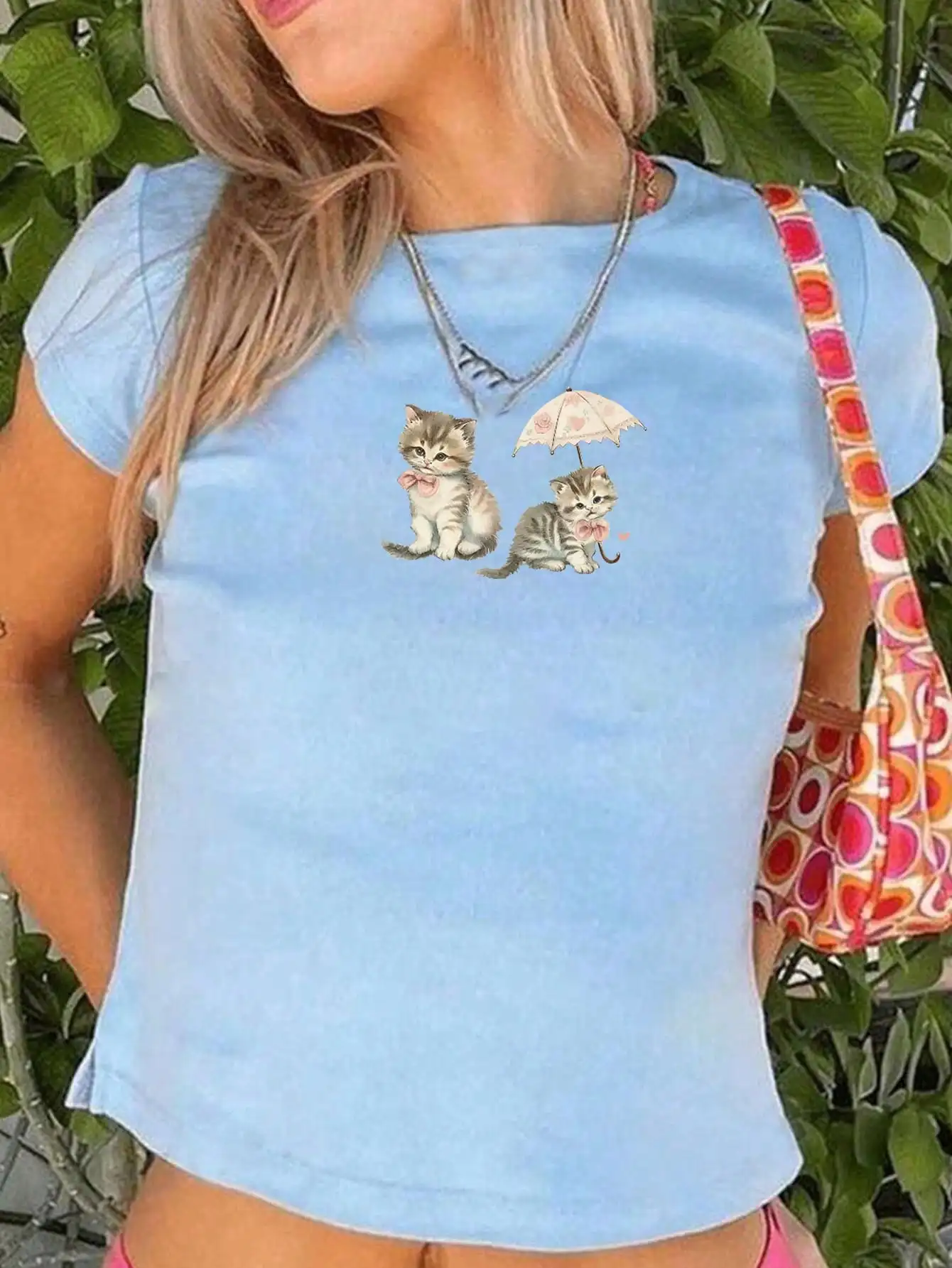 

Женская футболка в стиле Y2K с принтом синей кошки, с милым изображением кота, повседневный топ с короткими рукавами